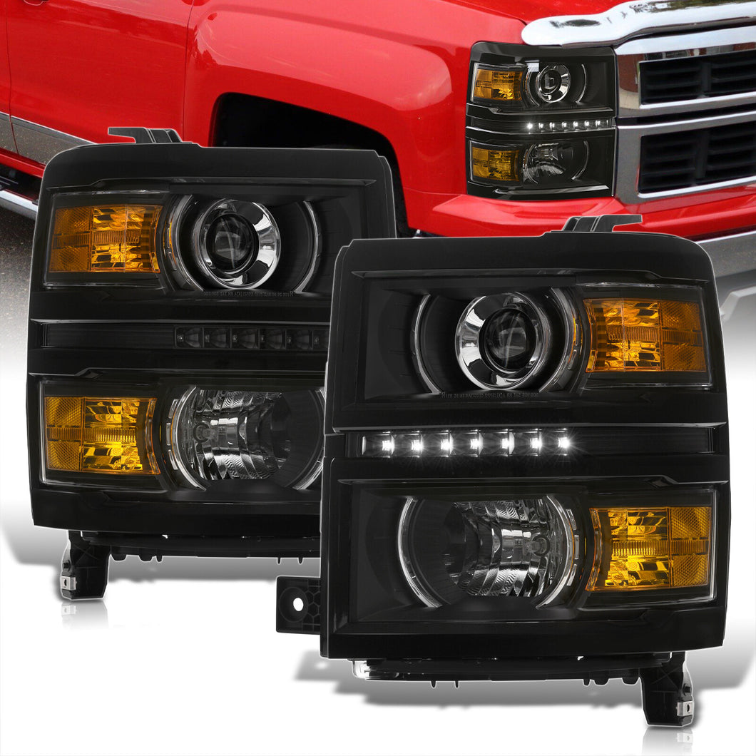 Chevrolet Silverado 1500 2014-2015 LED DRL Projector Headlights Black Housing Clear Len Amber Reflector (Will Not Fit 2500 & HD Models)