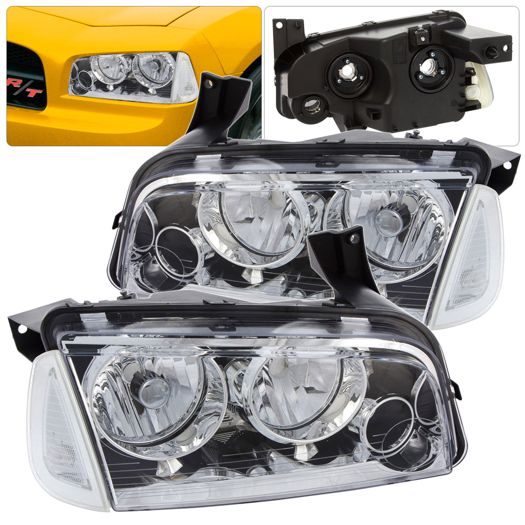 Dodge Charger 2006-2010 Factory Style Headlights + Corners Chrome Housing Clear Len Clear Reflector (Halogen Models Only)