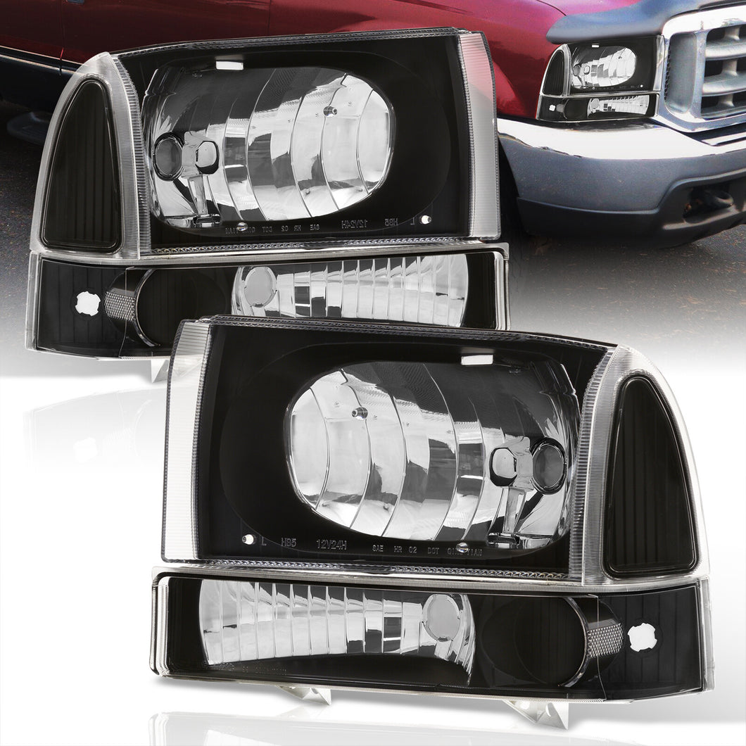 Ford F250 F350 F450 F550 Super Duty 1999-2004 / Excursion 2000-2004 Factory Style Headlights + Bumpers Black Housing Clear Len Clear Reflector