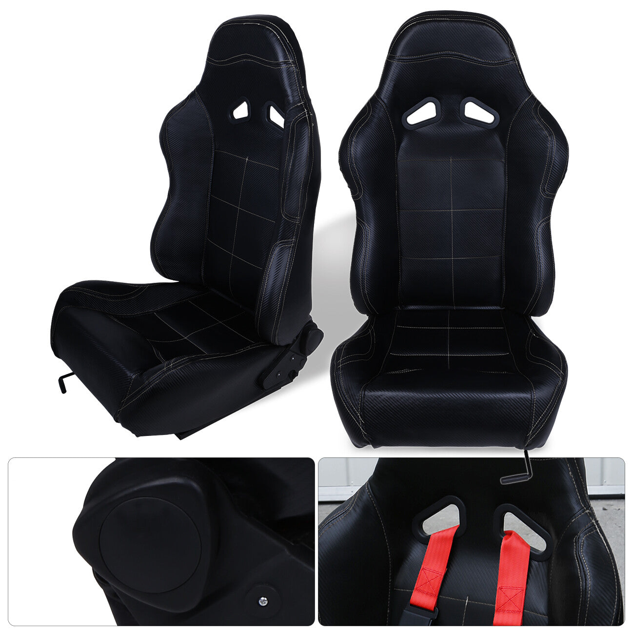 Universal Reclinable PVC Leather Racing Seats + Sliders Black Cloth wi ...