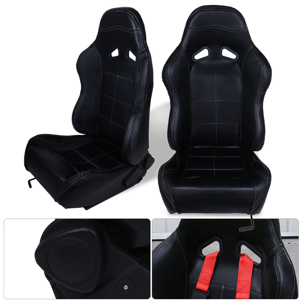 Universal Reclinable PVC Leather Racing Seats + Sliders Black Cloth with Black Stitching