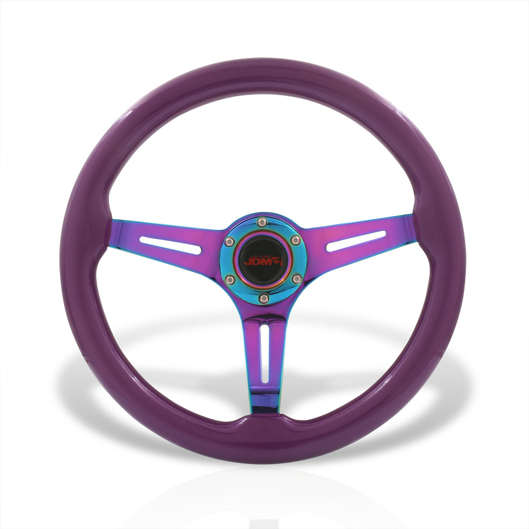 JDM Sport Universal 350mm Wood Grain Style Steel Steering Wheel Neo Chrome Center Purple Wood