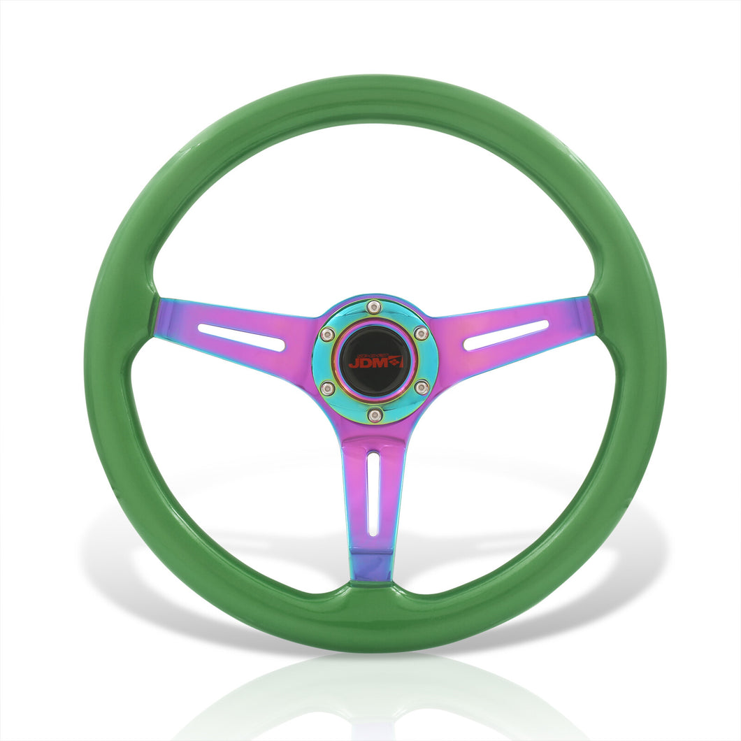 JDM Sport Universal 350mm Wood Grain Style Steel Steering Wheel Neo Chrome Center Green Wood