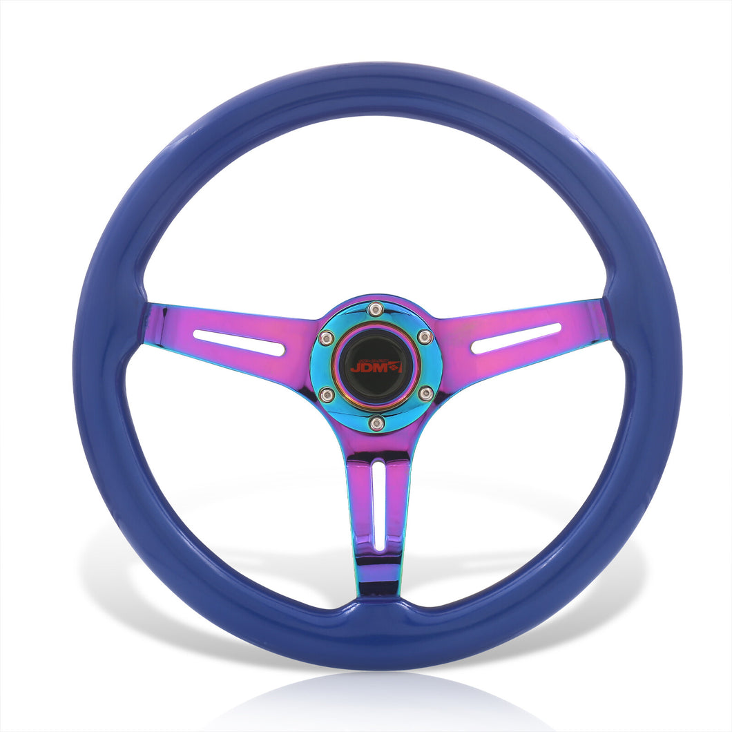 JDM Sport Universal 350mm Wood Grain Style Steel Steering Wheel Neo Chrome Center Blue Wood