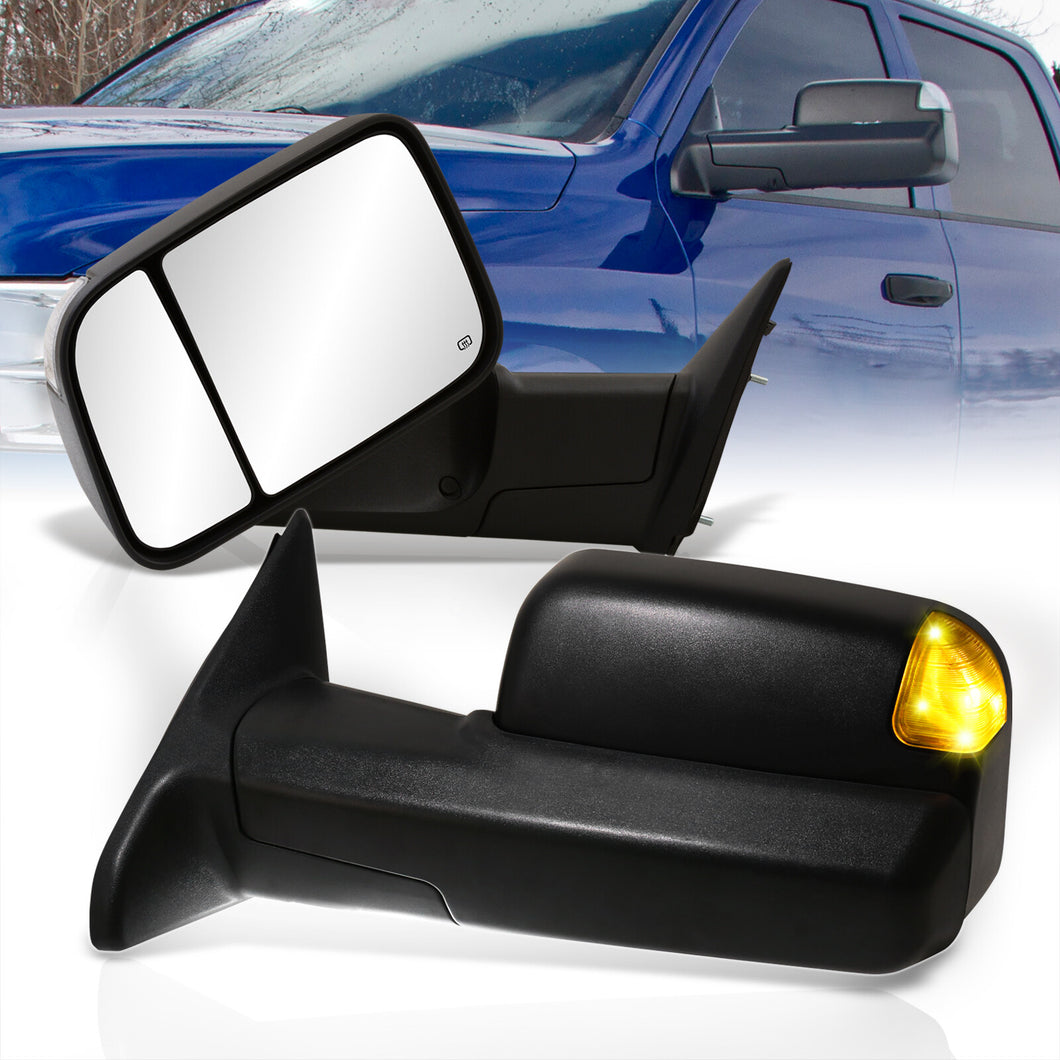 Dodge Ram 1500 2009-2018 / 2500 3500 2010-2018 Extended Heated Power Towing Mirrors Black with Puddle Lights