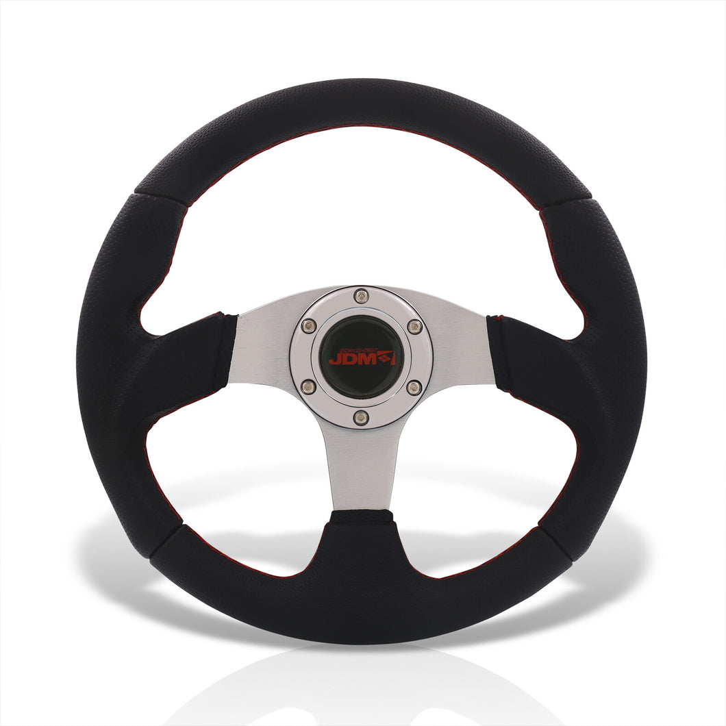 JDM Sport Universal 320mm Type-R Style Aluminum Steering Wheel Silver Center with Red Stitching