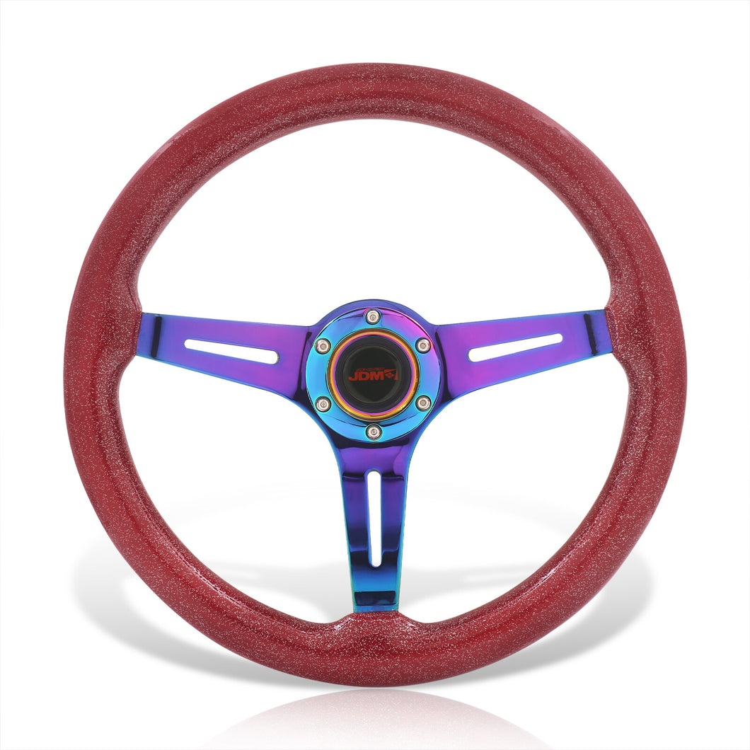 JDM Sport Universal 350mm Wood Grain Style Steel Steering Wheel Neo Chrome Center Metallic Red Wood