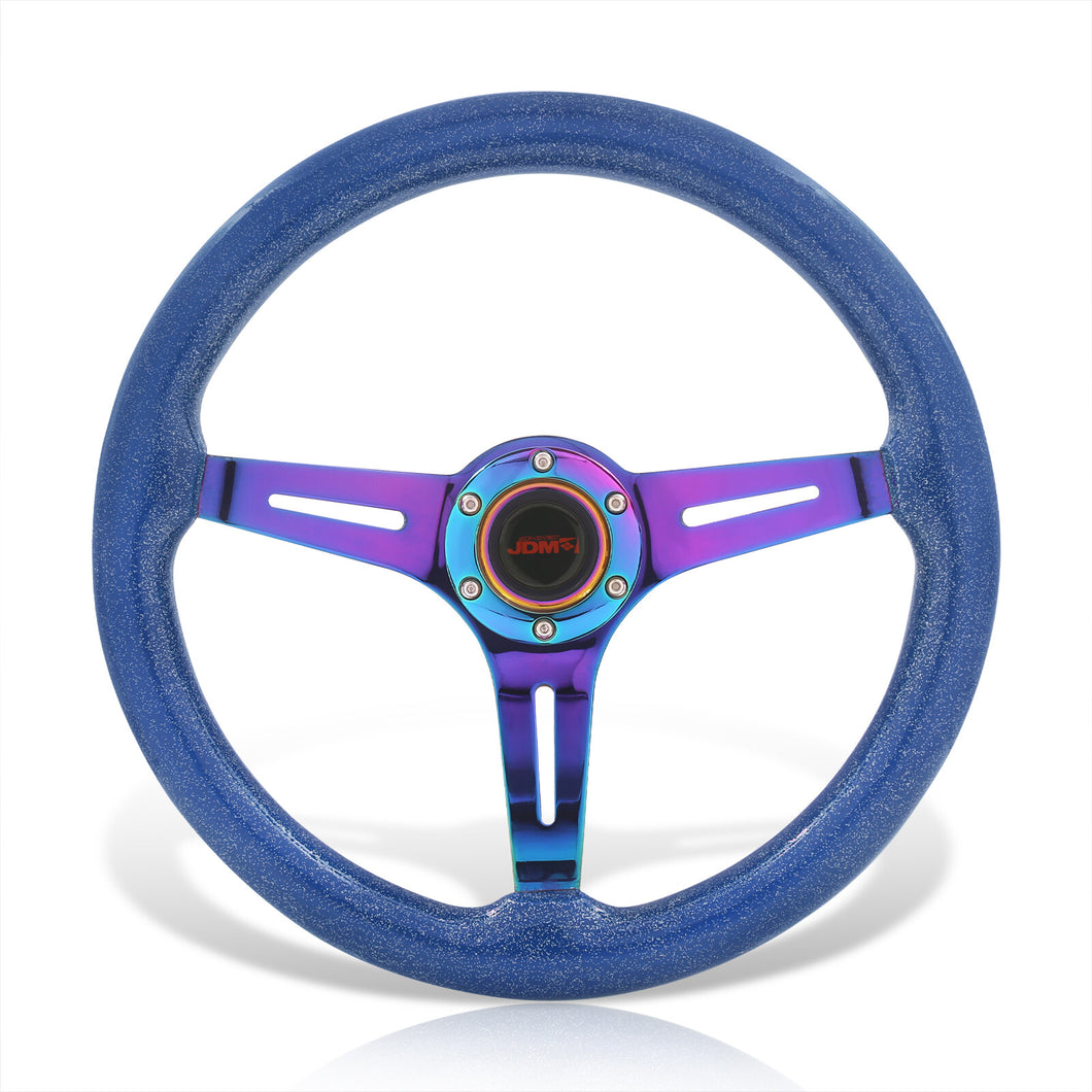 JDM Sport Universal 350mm Wood Grain Style Steel Steering Wheel Neo Chrome Center Metallic Blue Wood