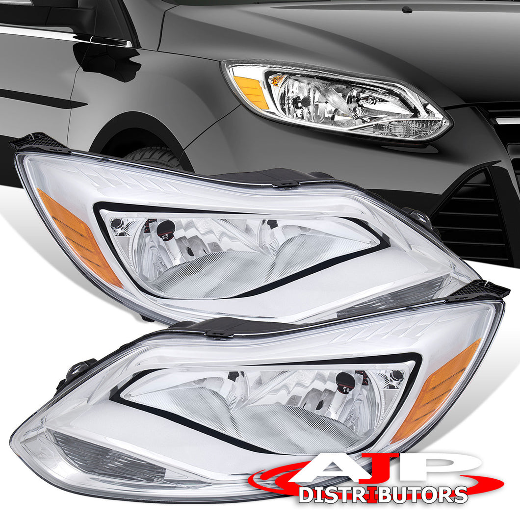 Ford Focus 2012-2014 Factory Style Headlights Chrome Housing Clear Len Amber Reflector