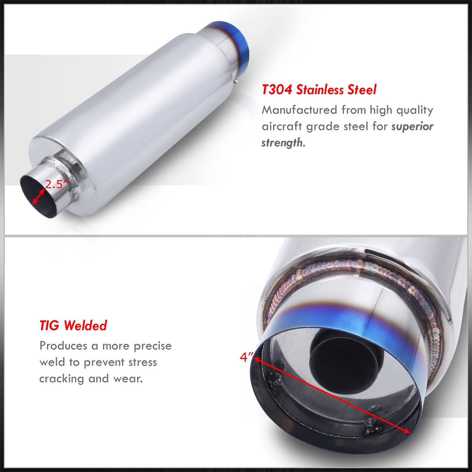 4" Burnt Tip Stainless Steel Muffler - 2.5" Inlet, T304, Weld-On Universal Exhaust Resonator