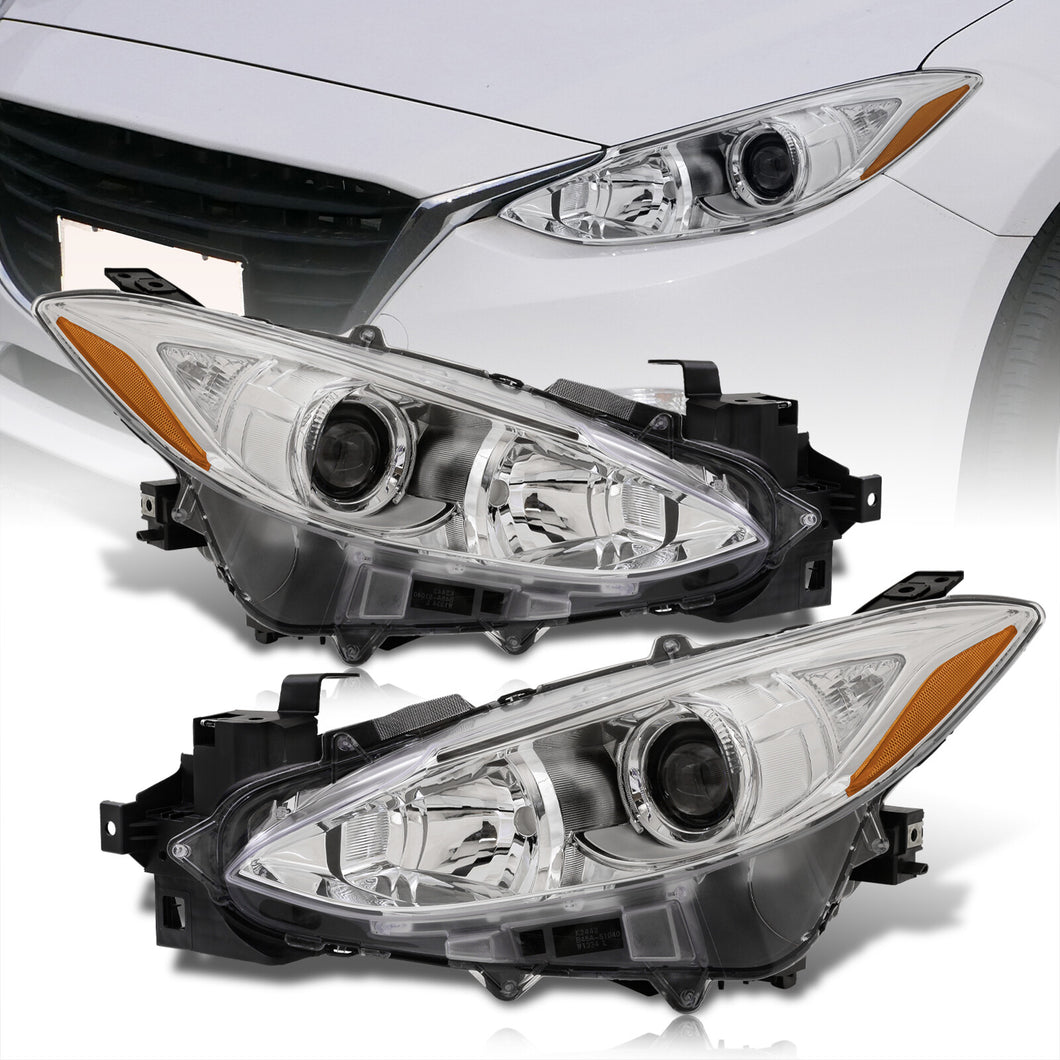 Mazda 3 2014-2016 Factory Style Projector Headlights Chrome Housing Clear Len Amber Reflectors (Halogen Models Only)