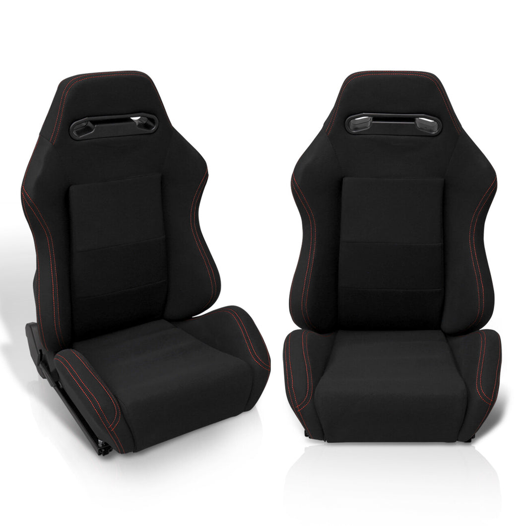 Universal Type-R Style Reclinable Racing Seats + Sliders Black Cloth with Red Stitching