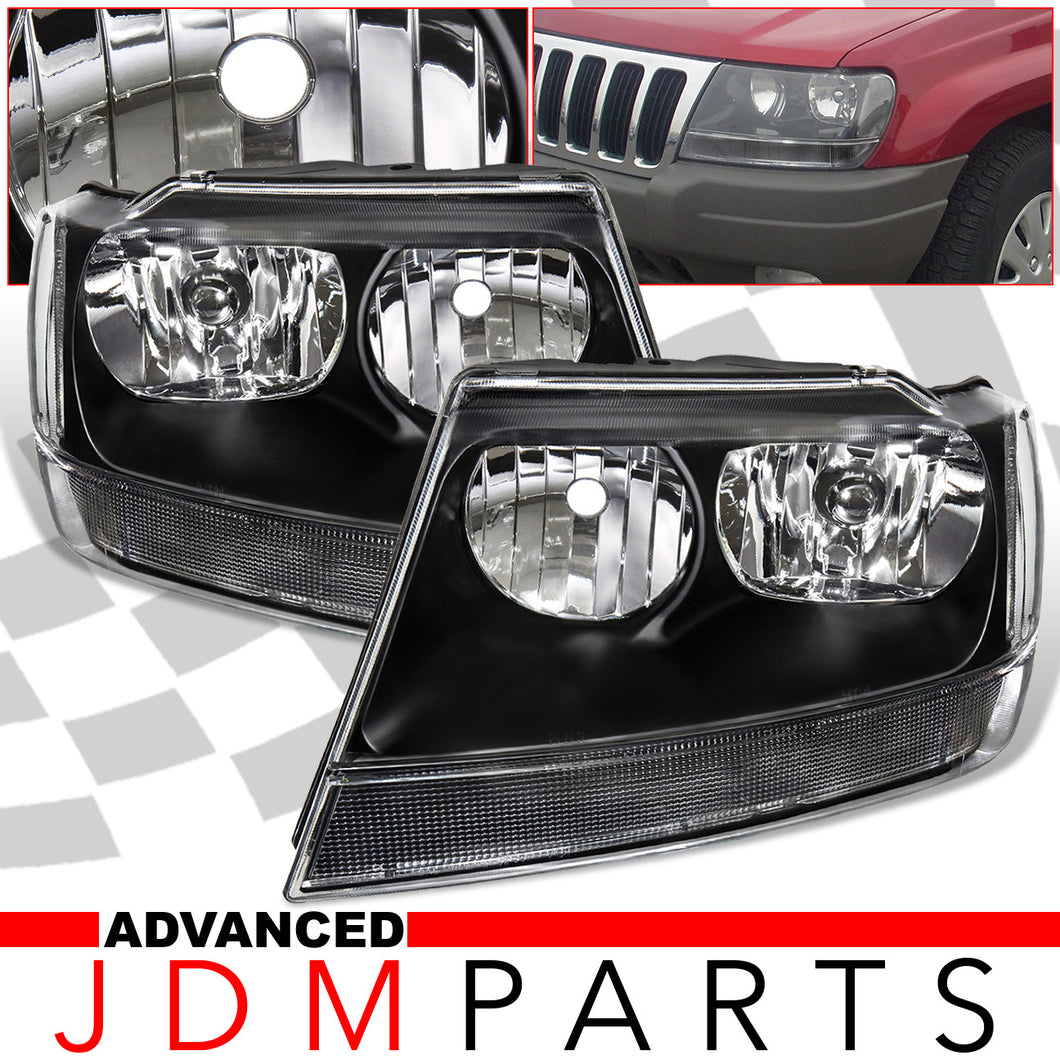Jeep Grand Cherokee 1999-2004 Factory Style Headlights Black Housing Clear Len Clear Reflector