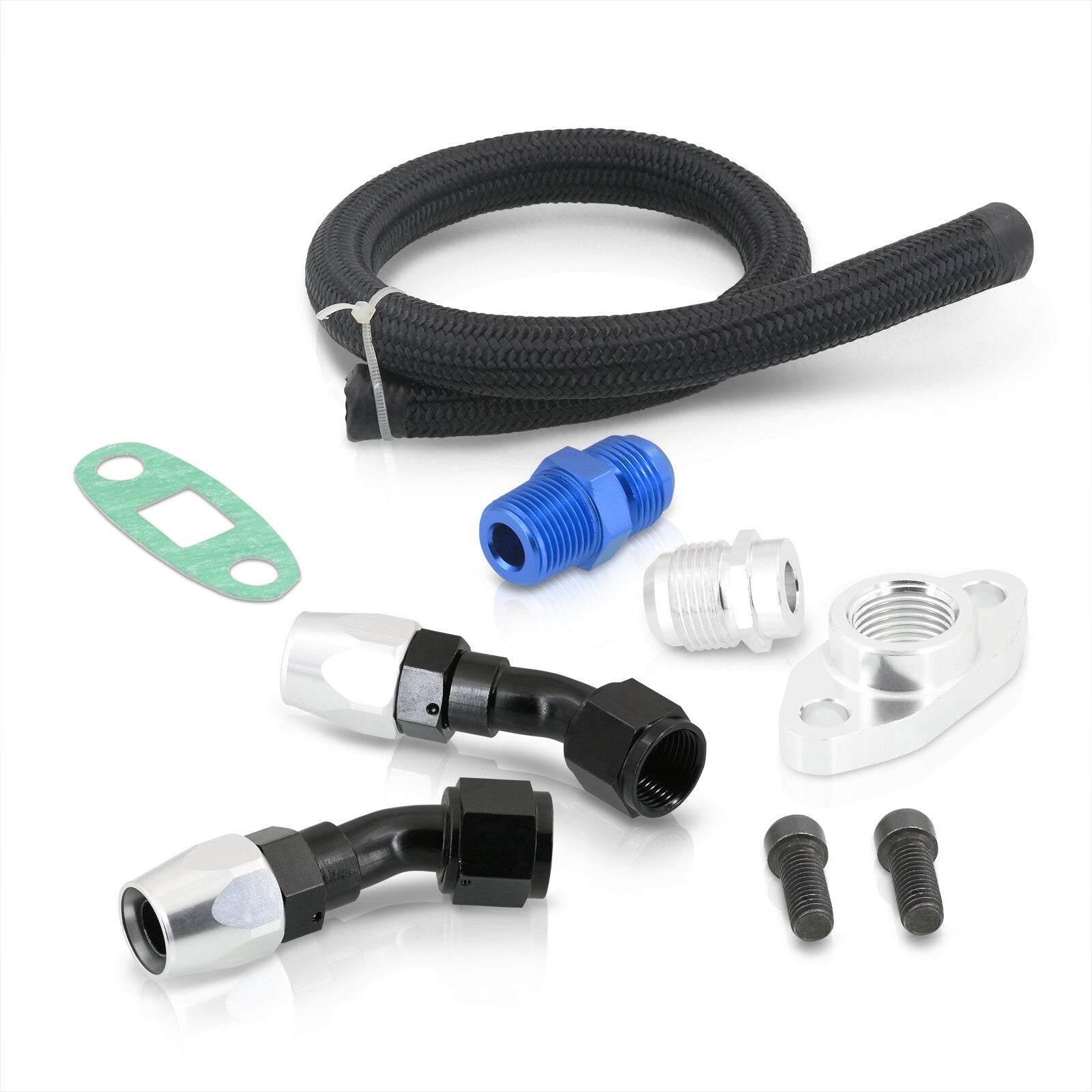 T3/T4 Turbo Oil Return Line Kit with Black Nylon Braided and Chrome/Bl ...