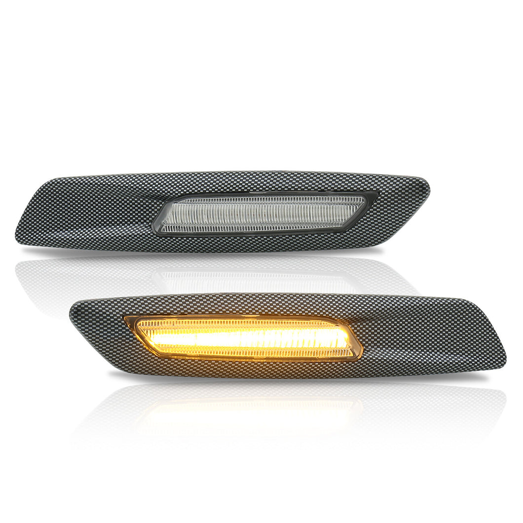 BMW 3 Series E60 E61 E82 E88 E90 E91 E92 E93 (Non-M3 Models) 2004-2010 Front Amber Sequential LED Side Marker Lights Clear Len + 3D Carbon Finishes (F10 Style)