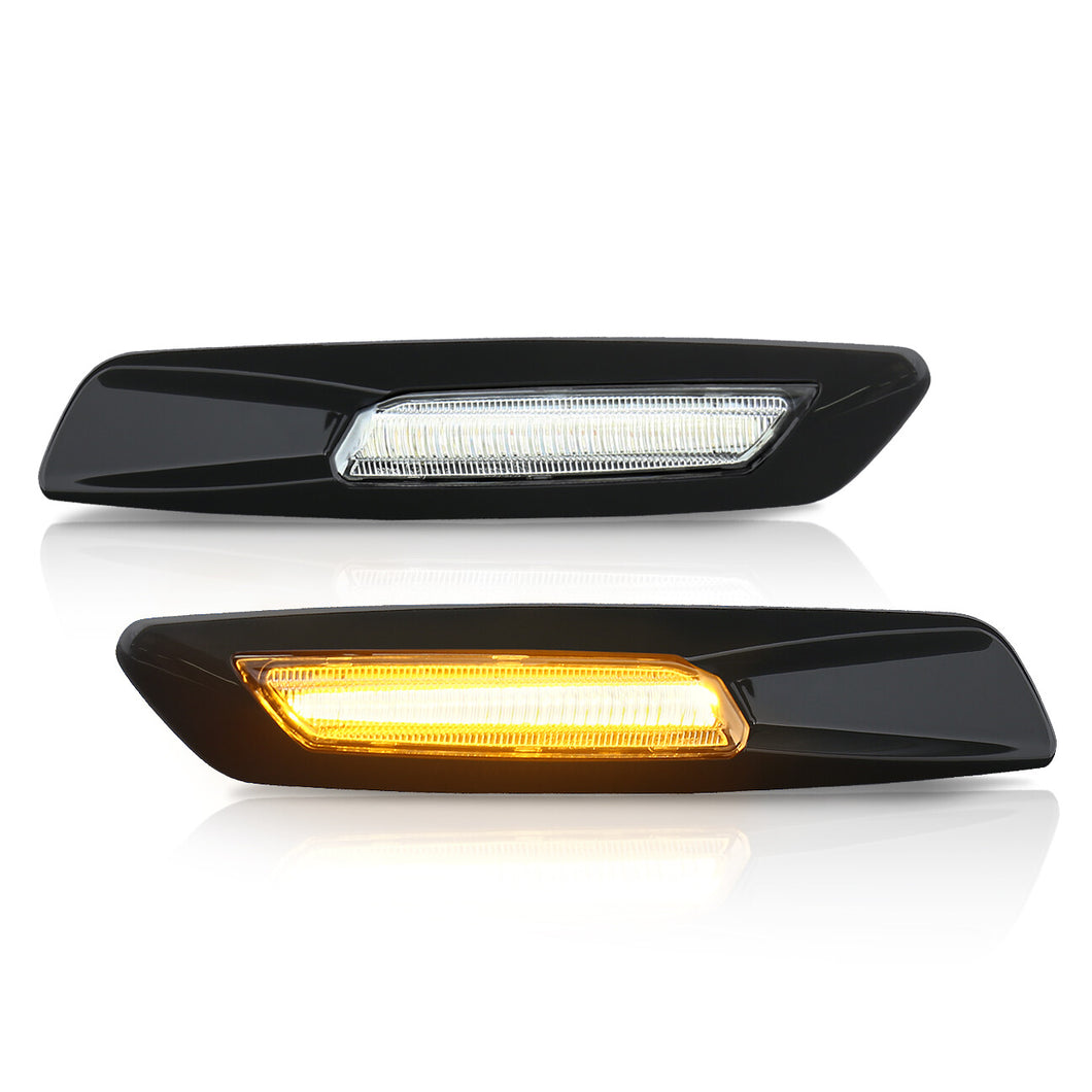 BMW 3 Series E60 E61 E82 E88 E90 E91 E92 E93 (Non-M3 Models) 2004-2010 Front Amber Sequential LED Side Marker Lights Clear Len + 3D Black Chrome Finishes (F10 Style)