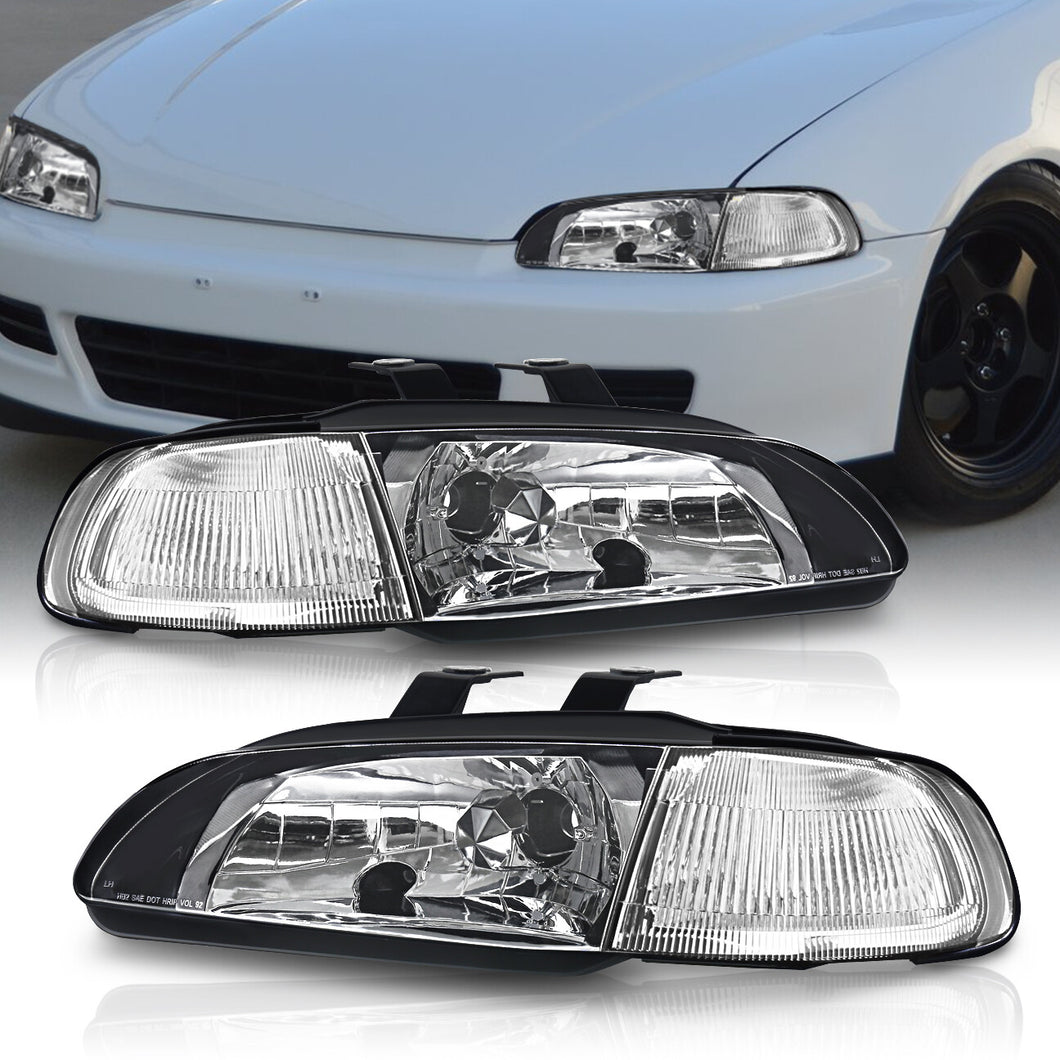 Honda Civic Coupe / Hatchback 1992-1995 1 Piece Style Headlights + Corners Black Housing Clear Len Clear Reflector