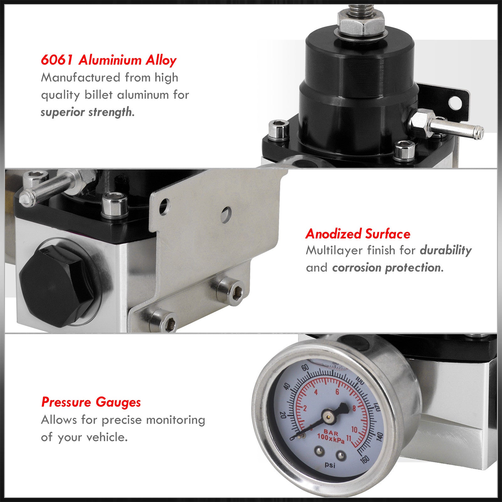 Universal Black/Chrome Adjustable Fuel Pressure Regulator Gauge Kit & AJP Distributors
