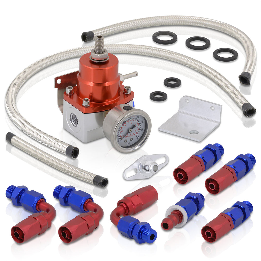 Universal Red/Blue Adjustable Fuel Pressure Regulator Gauge Kit & An6 Fitting Ends