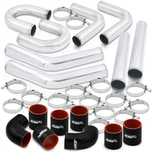Load image into Gallery viewer, 3&quot; Universal (8 Piece) Chrome Aluminum Piping Kit with U Bend with 16 T-Bolt Clamps + Silicone Black Red Couplers
