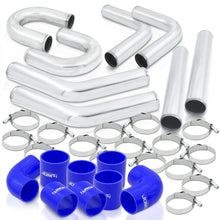 Load image into Gallery viewer, 3&quot; Universal (8 Piece) Chrome Aluminum Piping Kit with U Bend with 16 T-Bolt Clamps + Silicone Blue Couplers

