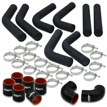 Load image into Gallery viewer, 3&quot; Universal (8 Piece) Black Aluminum Piping Kit with 16 T-Bolt Clamps + Silicone Black Red Couplers
