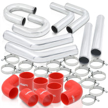Load image into Gallery viewer, 2.5&quot; Universal (8 Piece) Chrome Aluminum Piping Kit with U Bend with 16 T-Bolt Clamps + Silicone Red Couplers
