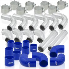 Load image into Gallery viewer, 2.5&quot; Universal (12 Piece) Chrome Aluminum Piping Kit with 24 T-Bolt Clamps + Silicone Blue Couplers
