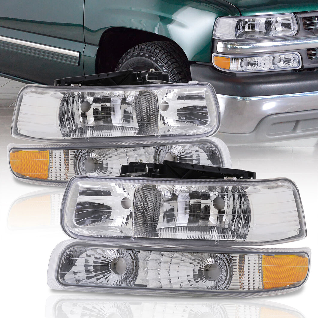 Chevrolet Silverado 1999-2002 / Suburban 2000-2006 / Tahoe 2000-2006 Factory Style Headlights + Bumpers Chrome Housing Clear Len Amber Reflector
