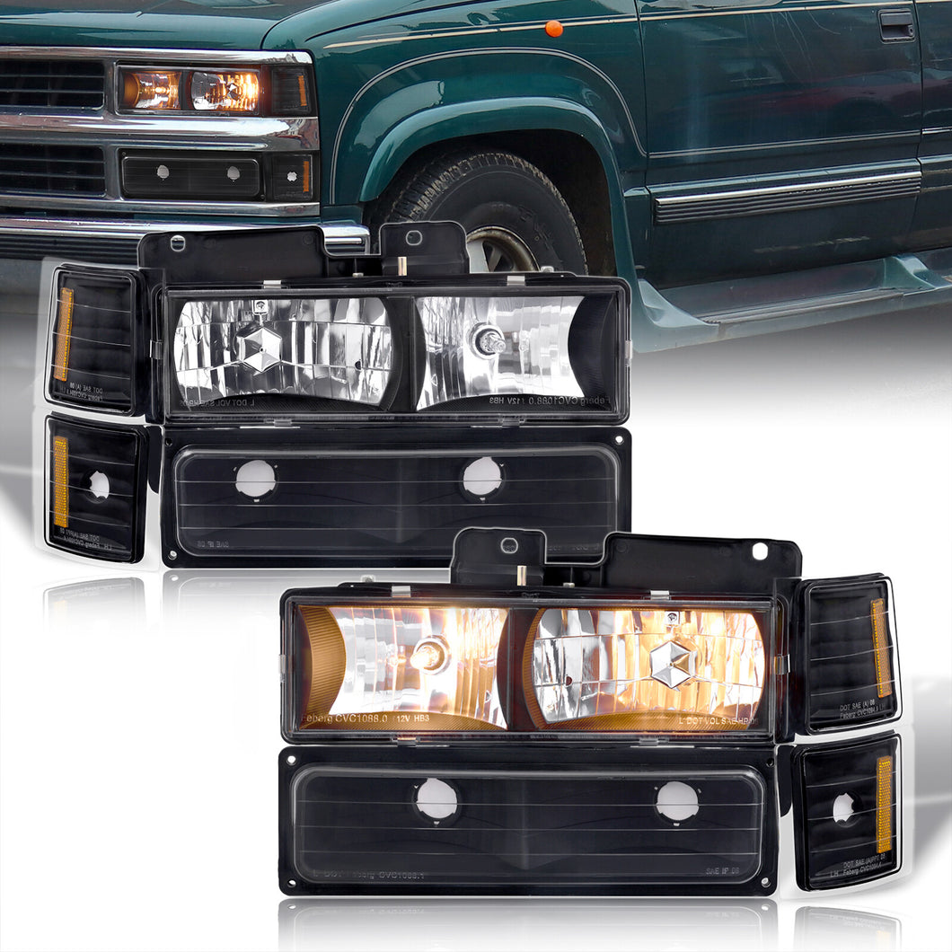 Chevrolet C/K 1500 2500 3500 1994-1998 Factory Style Headlights + Bumper + Corner Lights Black Housing Clear Len Amber Reflector