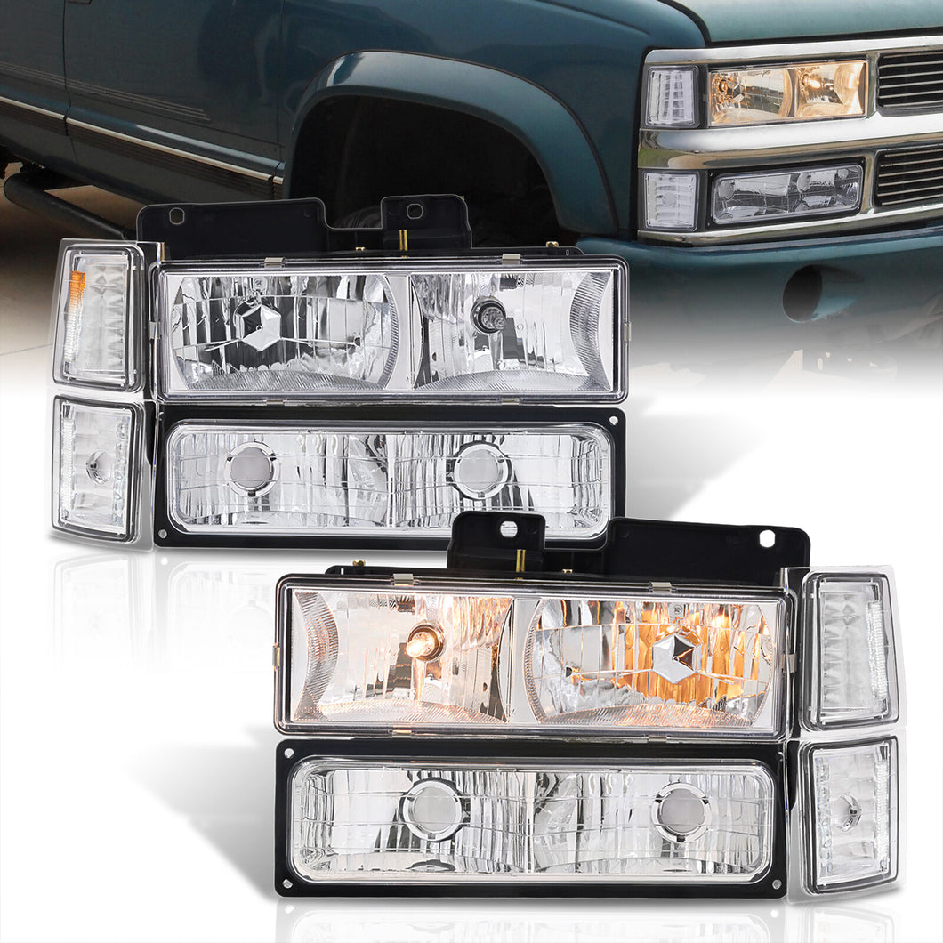 Chevrolet C/K 1500 2500 3500 1994-1998 Factory Style Headlights + Bumper + Corner Lights Chrome Housing Clear Len Clear Reflector