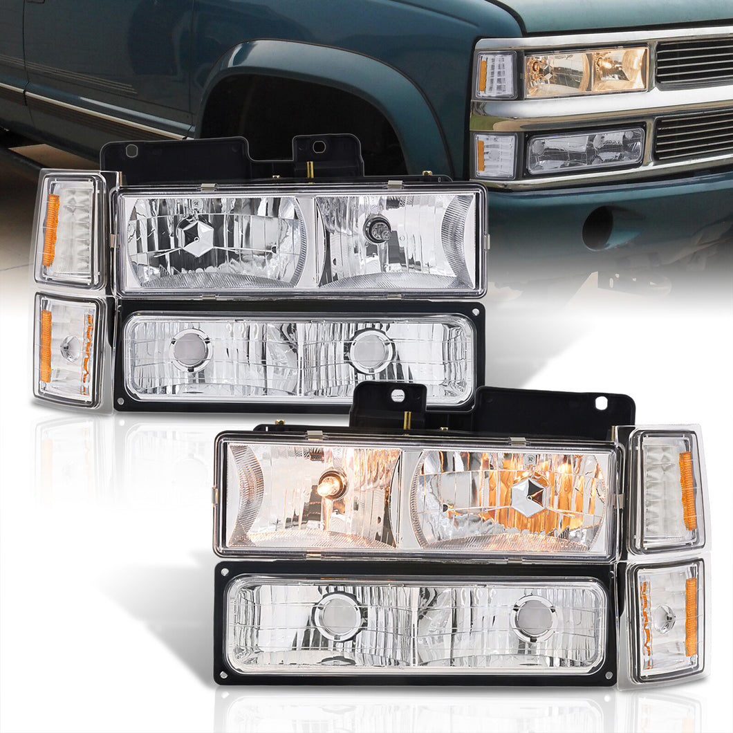 Chevrolet C/K 1500 2500 3500 1994-1998 Factory Style Headlights + Bumper + Corner Lights Chrome Housing Clear Len Amber Reflector