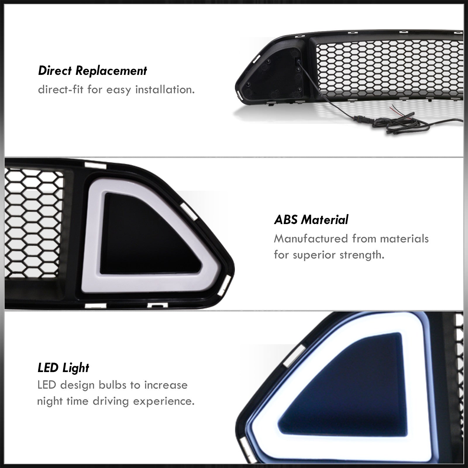 For 2015-2017 Ford Mustang S550 Front Upper Honeycomb Mesh Grille With Led Drl Accent Vent Lights For 2015-2017 Ford Mustang S550 Front Upper Honeycomb Mesh Grille With Led Drl Accent Vent Lights