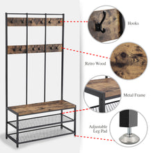 Load image into Gallery viewer, Industrial Coat Rack 3-Tier Shoe Bench Hall Tree Entryway Storage Shelf Hallway Organizer Metal Frame &amp; Wood Furniture with 12 Hooks - 73&quot; H
