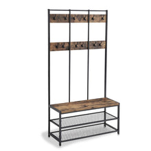 Load image into Gallery viewer, Industrial Coat Rack 3-Tier Shoe Bench Hall Tree Entryway Storage Shelf Hallway Organizer Metal Frame &amp; Wood Furniture with 12 Hooks - 73&quot; H
