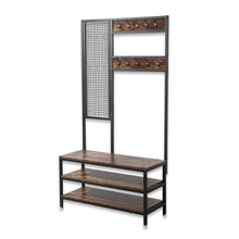 Load image into Gallery viewer, Industrial Coat Stand 3-Tier Shoe Rack Bench Hall Tree + Grid Wall Entryway Storage Shelf Hallway Hanger Organizer Metal Frame &amp; Wood Furniture with 16 Hooks - 73&quot; H
