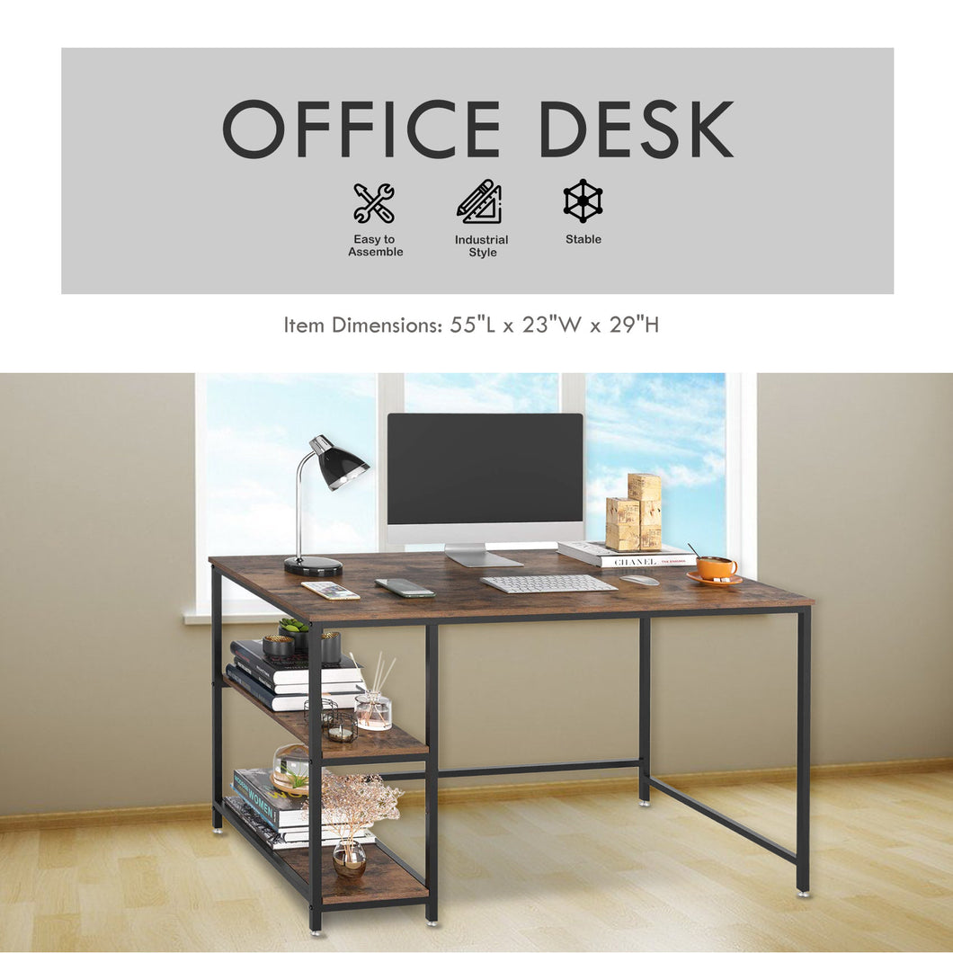Computer Laptop Desk with 2-Tier Shelves Home Office Study Gaming PC Workstation Organizer Table Top Industrial Retro Wood & Metal Frame - 55