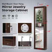 Load image into Gallery viewer, 48&quot; Wall Door Mounted Mirrored Jewelry Organizer Mirror Cabinet Armoire Lockable Storage Box with LED Lights &amp; Velvet Interior (Brown)

