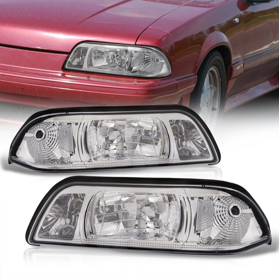 Ford Mustang 1987-1993 1 Piece Style Headlights + Corners Chrome Housing Clear Len Clear Reflector