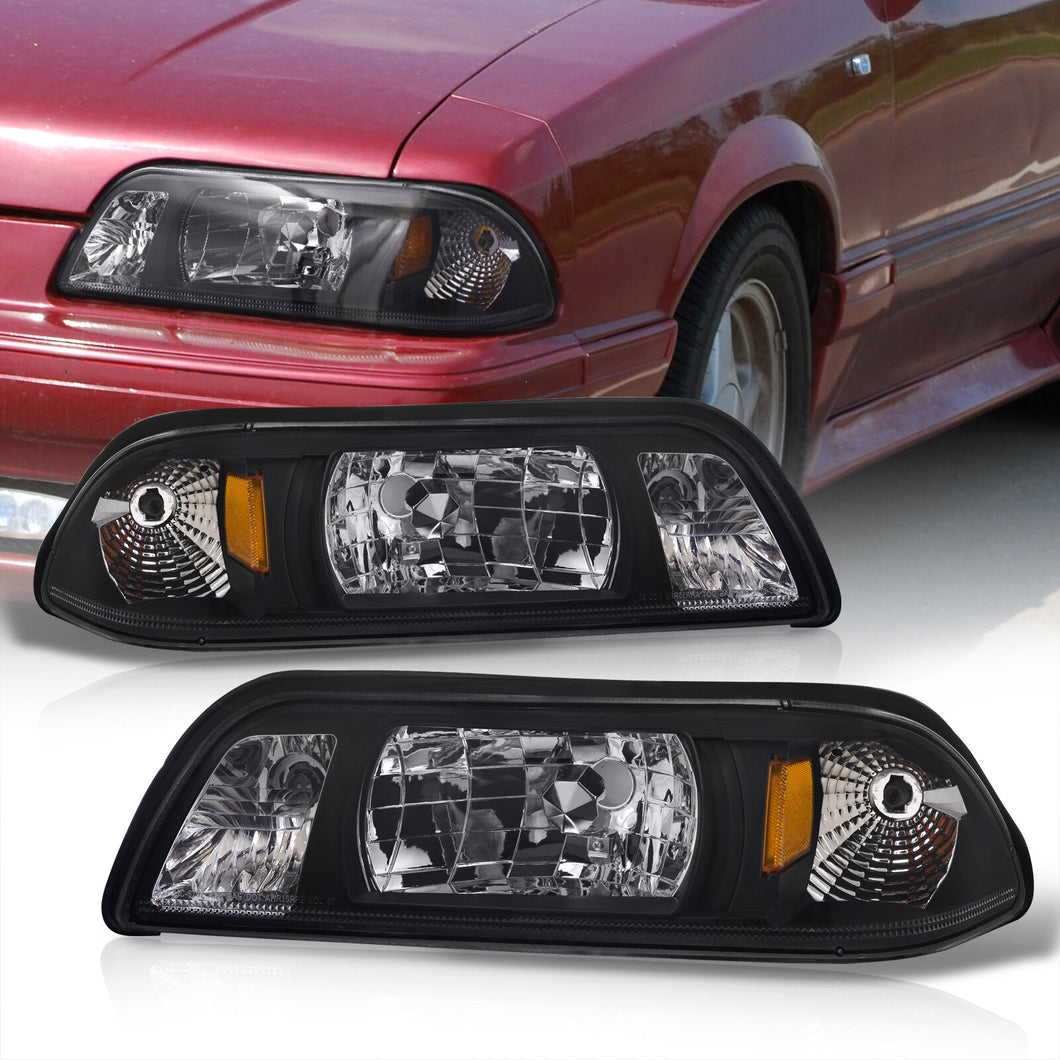 Ford Mustang 1987-1993 1 Piece Style Headlights + Corners Black Housing Clear Len Amber Reflector