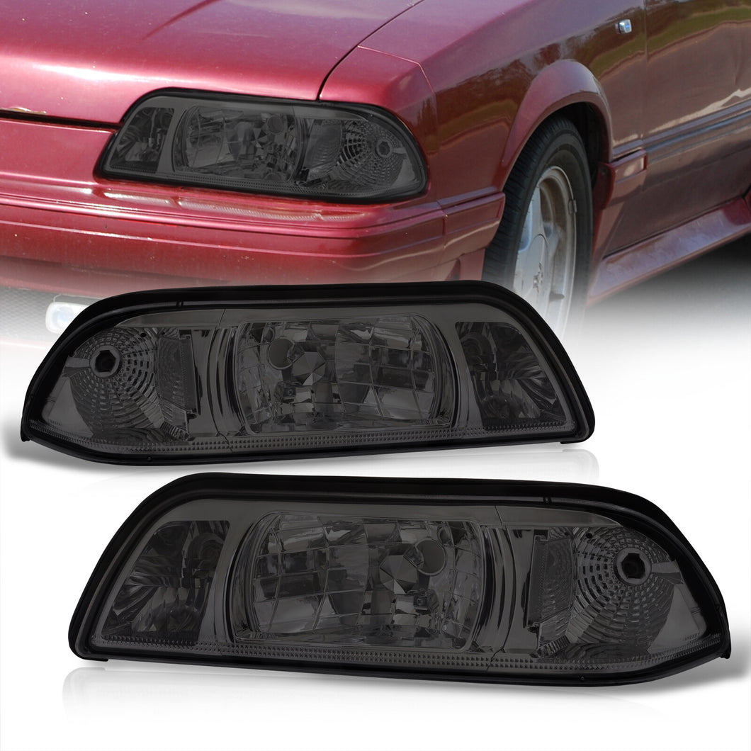 Ford Mustang 1987-1993 1 Piece Style Headlights + Corners Chrome Housing Smoke Len Clear Reflector