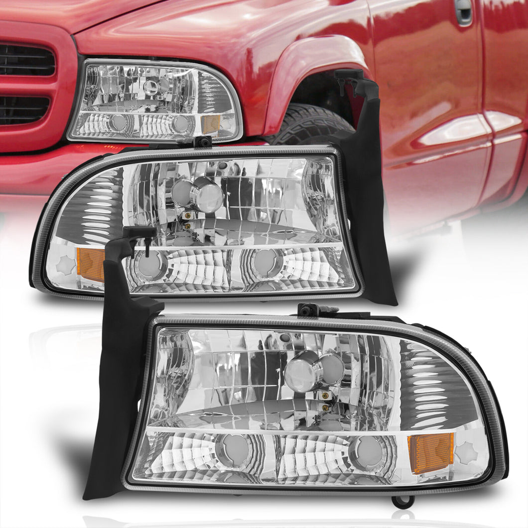 Dodge Dakota 1997-2004 / Durango 1998-2003 1 Piece Style Headlights + Bumpers Chrome Housing Clear Len Amber Reflector