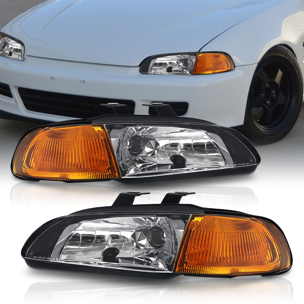 Honda Civic Sedan 1992-1995 1 Piece Style Headlights + Corners Black Housing Clear Len Amber Reflector