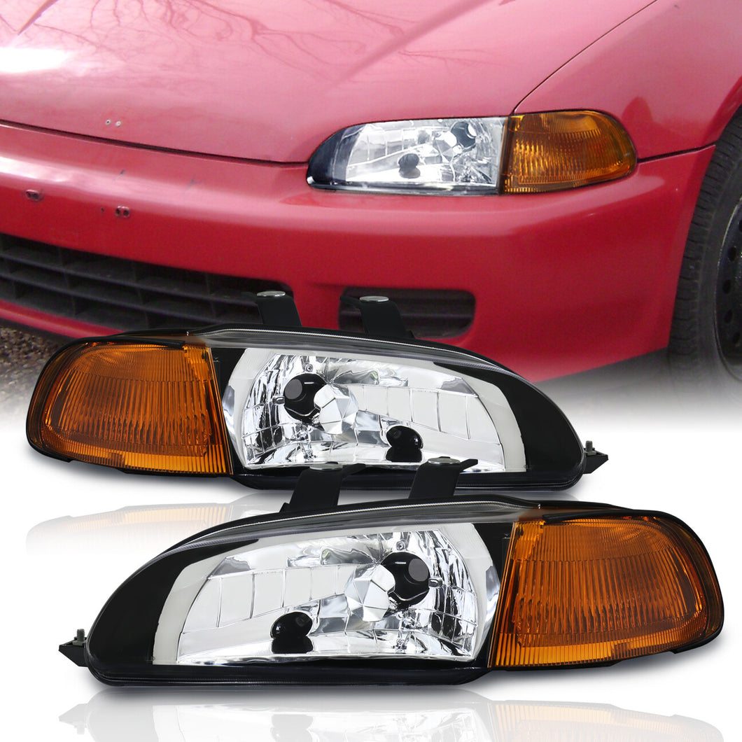Honda Civic Sedan 1992-1995 1 Piece Style Headlights + Corners Chrome Housing Clear Len Amber Reflector