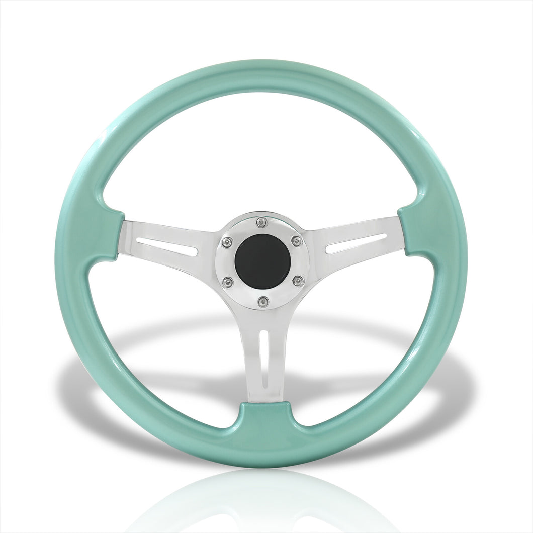 Universal 350mm Heavy Duty Steel Steering Wheel Polished Center Mint Green