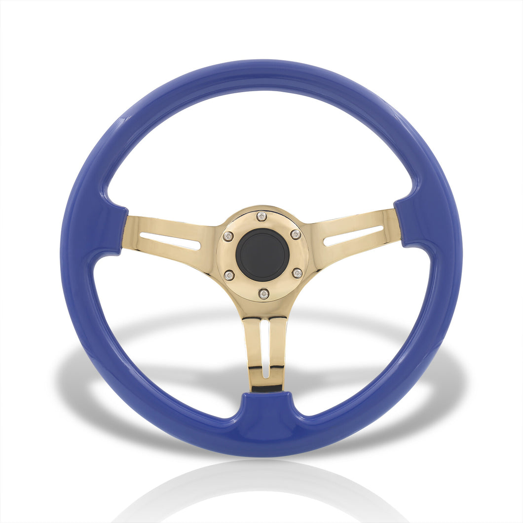 Universal 350mm Heavy Duty Steel Steering Wheel Gold Center Metallic Blue