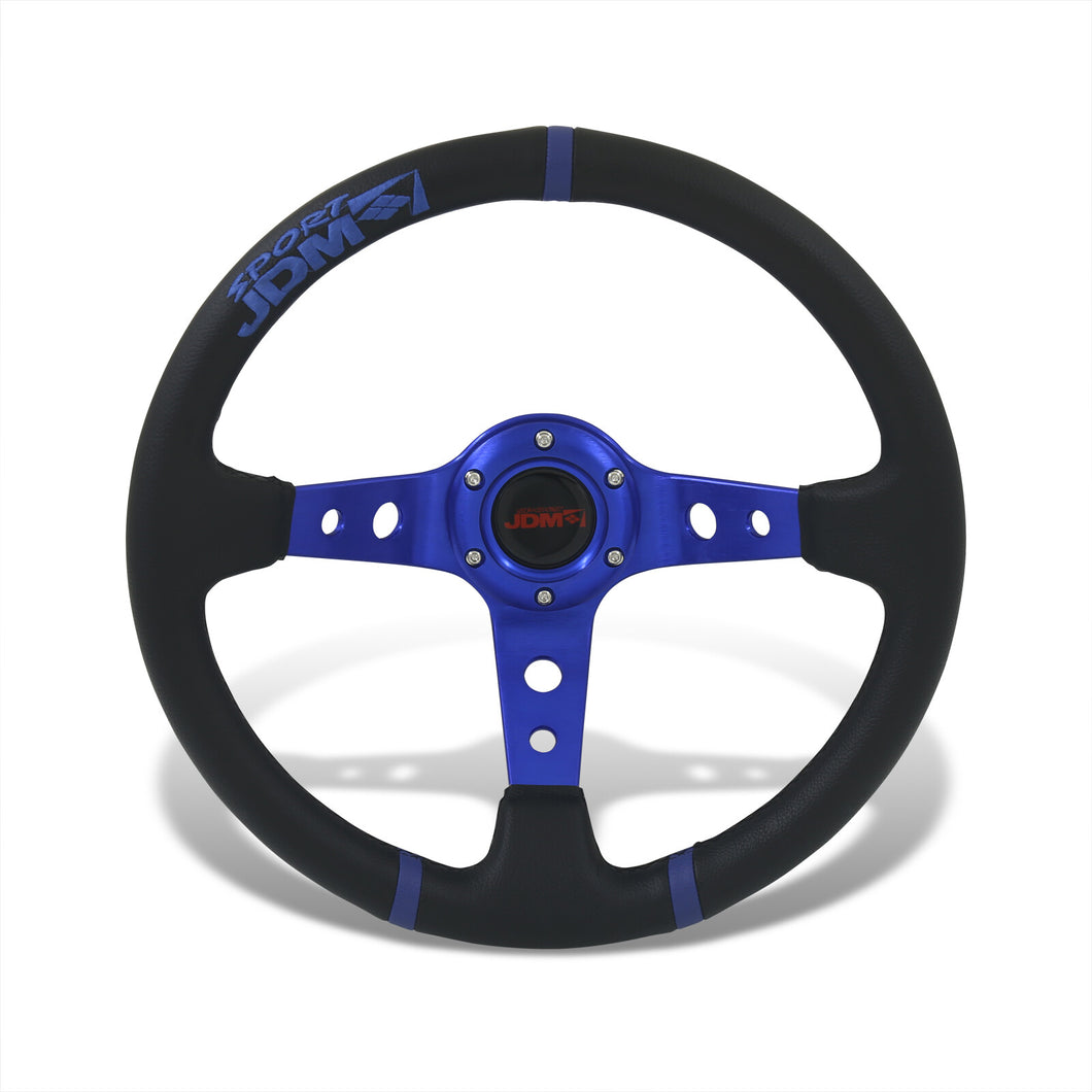 JDM Sport Universal 350mm PVC Leather Deep Dish Style Aluminum Steering Wheel Black Center with Blue Stitching & 3 Pin Stripes