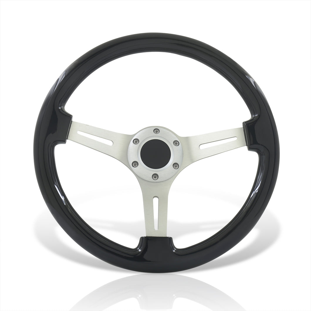 Universal 350mm Wood Grain Style Aluminum Steering Wheel Silver Center Black Wood
