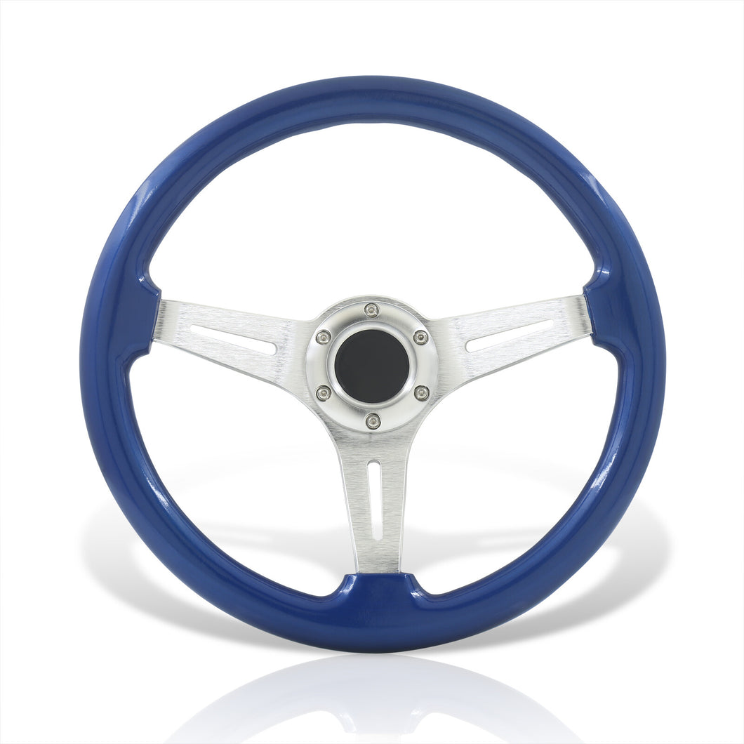Universal 350mm Wood Grain Style Aluminum Steering Wheel Silver Center Blue Wood