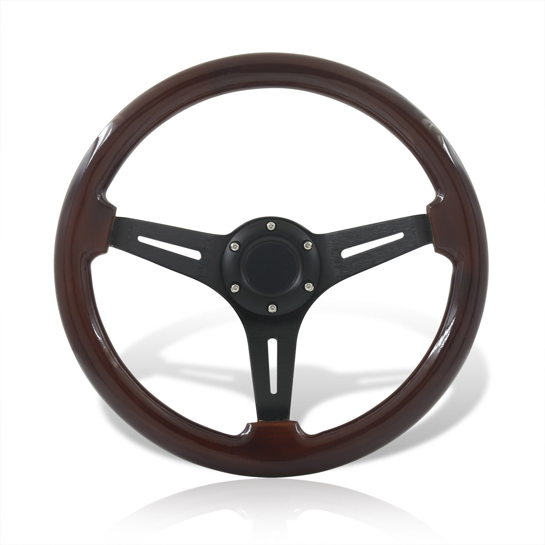 Universal 350mm Wood Grain Style Aluminum Steering Wheel Black Center Dark Wood